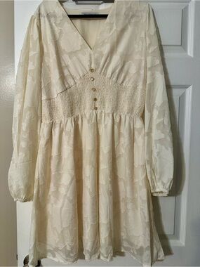 Women's Cream Long Sleeve V-Neck Smocked Waist Dress lined - Miss Sparkling